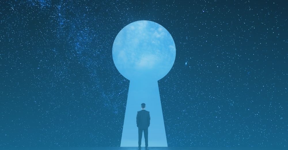 Man standing in front of an opportunity shaped like keyhole